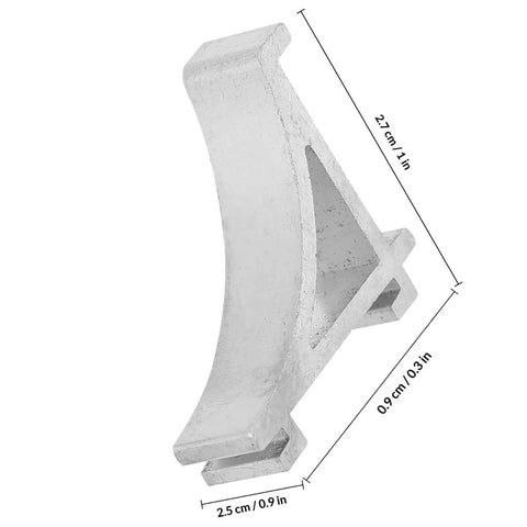 Close-up of 10 Pack Aluminum Freezer Shelf Clips Kit With Curved Dovetail Design, detailing size dimensions and sturdy construction.