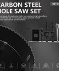 Top Tier 22 Piece Hole Saw Set With Heavy Duty High Carbon Steel Blades includes 15 hole saws and drill bits for cutting wood.