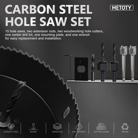 Top Tier 22 Piece Hole Saw Set With Heavy Duty High Carbon Steel Blades includes 15 hole saws and drill bits for cutting wood.