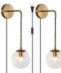 Mid Century Modern Globe Wall Sconce Set Of Two Plug In Brushed Brass Gold Finish With Clear Bubble Glass Balls For Bathroom Or Bedroom Vintage Vanity Lighting To Create A Warm Cozy Vibe, front view