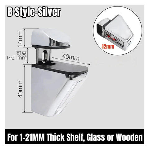 Silver bracket, B Style for 1-21mm shelves, part of the 4 Pack Adjustable Wood And Glass Shelf Brackets With Wall Mount, Anti Slip.