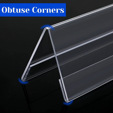 12 Pack Clear Acrylic Desk Name Plates Three By Eight Point Five Inches Thick Two Point One Millimeters Lightweight 110g Each Reusable Name Tent Holders For Office Meetings Conferences And Business Events with V-shaped base and obtuse corners.
