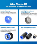 CGELE quick-connect air hose fittings kit, front view: blue release cap, metal ring, blue seals, black bodies.