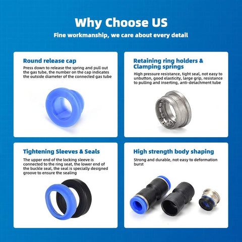 CGELE quick-connect air hose fittings kit, front view: blue release cap, metal ring, blue seals, black bodies.