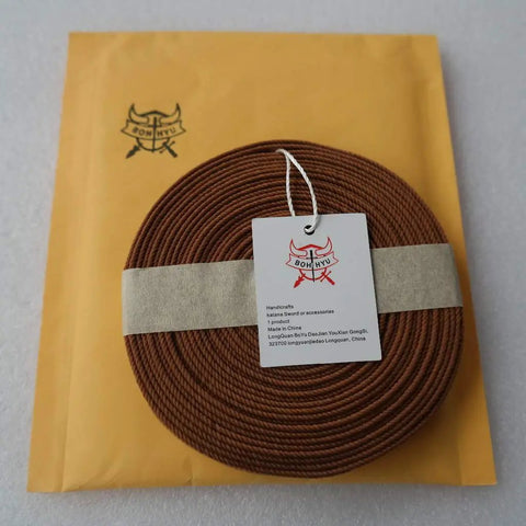 Pro Grade Synthetic Silk Tsuka Ito Wrapping Cord 22.9ft for Katana Wakizashi and Tanto Swords, brown spool with label