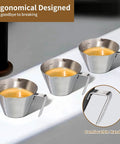 Three Two Pack Stainless Steel Espresso Cups With Handle And Double Spout Measuring Cup With Dual Scale 3.4 Oz 100 Ml V Shaped Mouth
