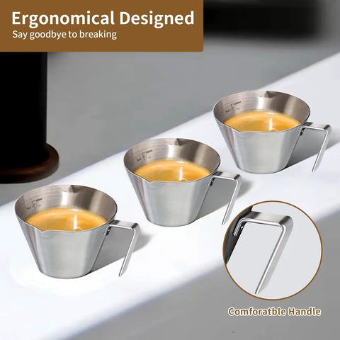 Three 3.4 Oz Espresso Cups with Handle, Premium Stainless Steel, Double Spout Measuring, 100 ml, shown with ergonomic design.