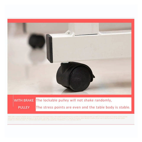 Close-up of the lockable brake pulley on the Adjustable Height Rolling Overbed Table With Easy Glide Casters for stability.