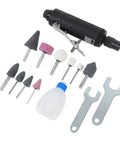Heavy Duty Pneumatic Die Grinder Kit with various grinding bits, wrench tools, and lubricant bottle for automotive use