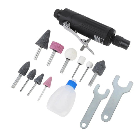 Heavy Duty Pneumatic Die Grinder Kit with various grinding bits, wrench tools, and lubricant bottle for automotive use