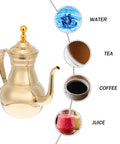Golden Stainless Steel Turkish Coffee Pot Cezve Style For Rich Stovetop Brews At Home Pro-Grade Barista Finish With Even Heat Distribution And Easy Pour Spout 1 Count next to water, tea, coffee, and juice options