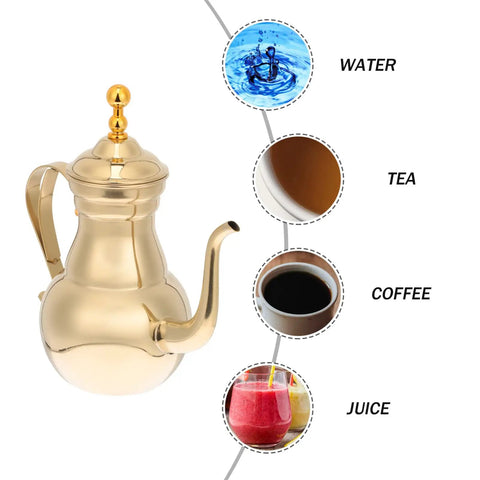 Golden Stainless Steel Turkish Coffee Pot Cezve Style For Rich Stovetop Brews At Home Pro-Grade Barista Finish With Even Heat Distribution And Easy Pour Spout 1 Count next to water, tea, coffee, and juice options