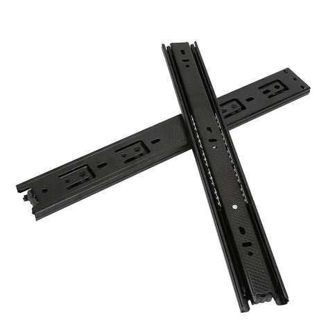 Heavy Duty Bottom Mounted Drawer Slides Runners Concealed Cabinet Hardware Built Tough, black slides with smooth gliding features.