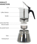 Exploded view of Stovetop Espresso Maker 6 Cup 240ml Classic Moka Pot With Crystal Glass Top And Stainless Steel Base, showing parts labeled.