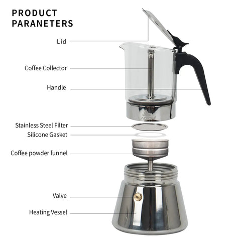 Exploded view of Stovetop Espresso Maker 6 Cup 240ml Classic Moka Pot With Crystal Glass Top And Stainless Steel Base, showing parts labeled.