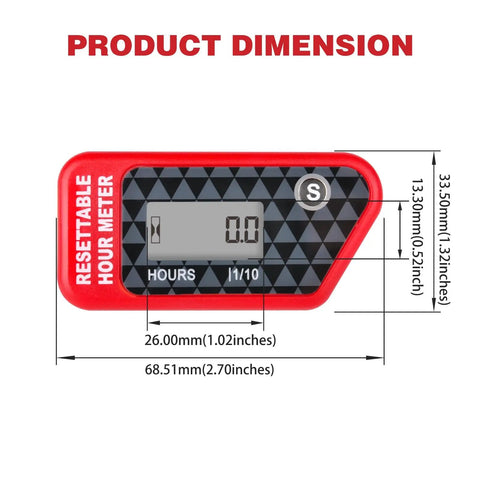 Hour Meter With Maintenance Reminder And Data Storage For Lawn Mower Chainsaw Dirt Bike Motorcycle And Marine Equipment Automatically Tracks Total Run Time When Spark Plug Signals Wake It Up And Lets You Reset The Timer, red 68.51mm