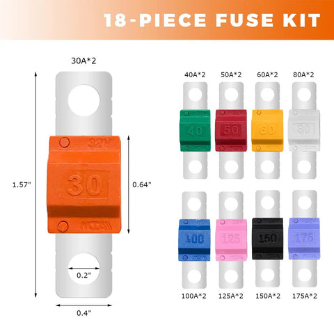 Tough As Nails 18 Piece High Current Bolt On Fuse Kit With 30A To 175A Amps, featuring colorful fuses in varying amperages.