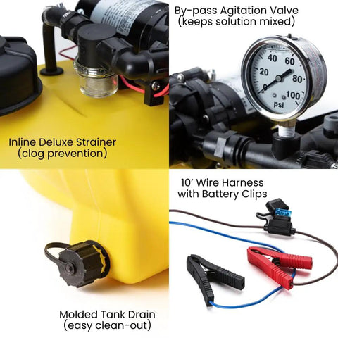 25 Gallon Platinum Spot Sprayer With Prime Pump Delivers 60 Psi For Heavy Duty Ag Work features inline strainer, pressure gauge, tank drain, and wire harness.