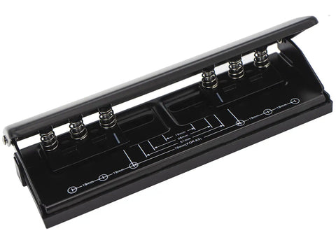Rugged 6 Hole Paper Puncher With Adjustable Ring Spacing For A5, A6, A7 Formats, Four Position Settings, Black, side view.
