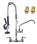 Pro Grade Commercial Kitchen Faucet With Pre Rinse Sprayer Wall Mount Eight Inch Center Nine Point Six Inch Swing Add On Spout