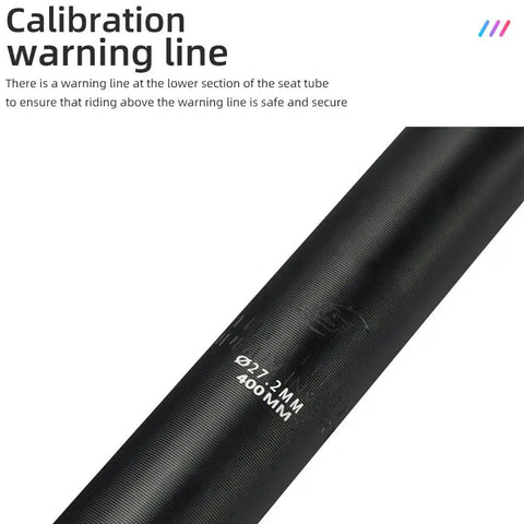 Close-up of Alloy Bike Seatpost 27.2 X 400mm with caution marking for proper adjustment, designed for MTB, BMX, and road bikes.