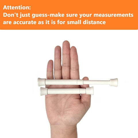 Two Pack Ultra Slim Tension Curtain Rods 5.25 To 7.5 Inches Adjustable No Drill No Tools Required For Narrow Windows And Cupboard Dividers White Ideal For Tiny Spaces Quick Install In Seconds shown on hand