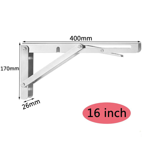 Heavy Hitting Foldable Wall Mount Shelf Brackets One Pair Stainless Steel L Shaped Corner Brace 16 inch size with measurements