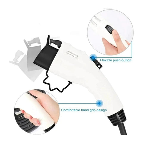 Top Shelf 50A SAE J1772 Plug Built For Hassle Free Level 2 Electric Car Charging Station Hookups With Heavy Duty Weather Sealed Type 1 No Cable Adaptor close-up of hand grip and flexible push-button.