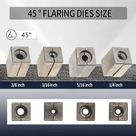 DPTOOL brake line flaring tool kit with 45° dies for 3/16, 1/4, 5/16, 3/8 in steel tubing, front view