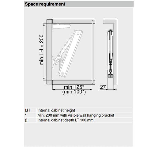 Soft Close Lift Mechanism For Small Wall Cabinets With Soft Close Hinges Dual Sided Auto Assist Lift For Upper Cabinets Adjustable Fit For PF 113-156 20K1501 Easy Install Smooth Glide Durable Kitchen Cabinet Upgrade, space requirement diagram 200mm height