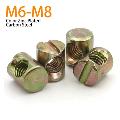 M6 and M8 Barrel Bolts With Hammer Embedded Nuts Cross Dowels Slotted Fittings shown in zinc-plated carbon steel