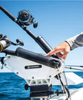 Heavy Duty Composite Downrigger Mount With Smooth 360 Swivel And Rock Solid Angle Locking, features stainless hardware on a boat.
