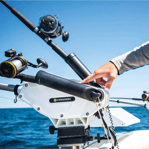 Heavy Duty Composite Downrigger Mount With Smooth 360 Swivel And Rock Solid Angle Locking, features stainless hardware on a boat.
