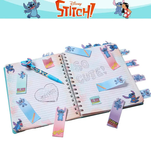 Stitch Tab Journal Spiral Notebook Set With Ballpoint Pen And Sticky Tabs And Totally Colorful Section Dividers 80 Sticky Note Tabs 8x7 Inch Blue Cover Lined Pages With Stitch Artwork Perfect Gift For Fans And Students open with pen and tabs visible