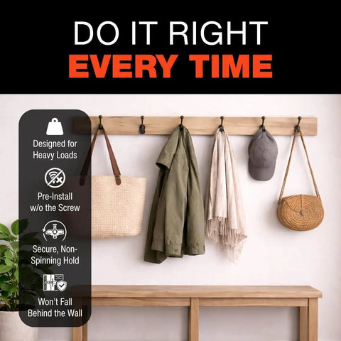 Heavy Duty Drywall Anchor System For Five Eighths To Three Quarters Inch Walls, One Shot Install, Made In USA, coat rack use