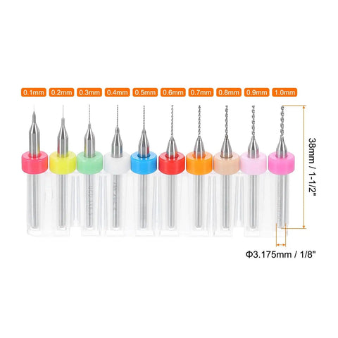 Three-Set 30-Piece PCB Drill Bit Set With One Eighth Inch Shank, tungsten carbide bits 0.1mm to 1.0mm, 38mm length view