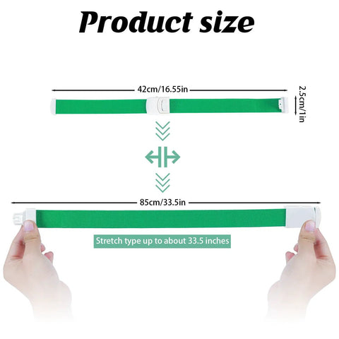 Size of One Hand Hemostasis Tourniquet Kit With Elastic Quick Release Buckle shown in green, adjustable length 16.55 to 33.5 inches