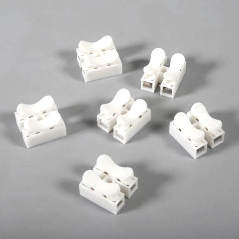 Quick Plug Electrical Cable Connectors 120 Pack 2 Pin Push Spring Loaded Terminal for auto lighting, white plastic splicing connectors.