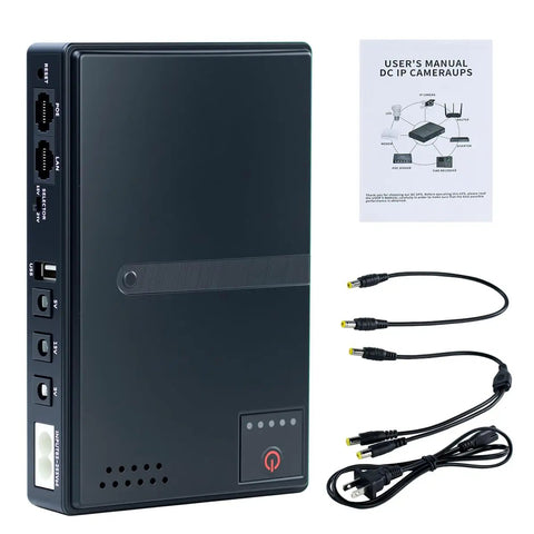 DC UPS Battery Backup Uninterruptible Power Supply with 18W Output and cables for routers, modems, POE gear, and IP cameras.