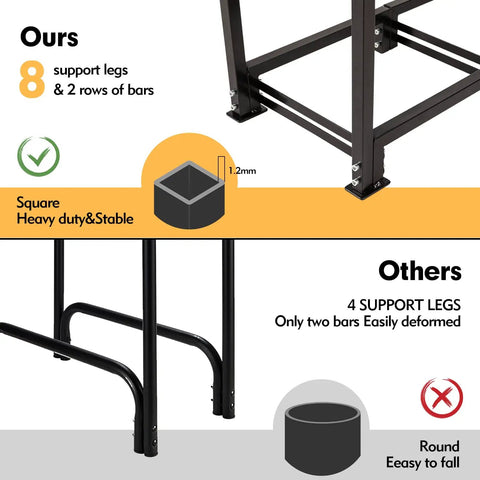 Comparison of 4Ft Outdoor Firewood Rack With Cover, Heavy Duty Square Steel Stand showing 8 support legs vs others with 4 legs.
