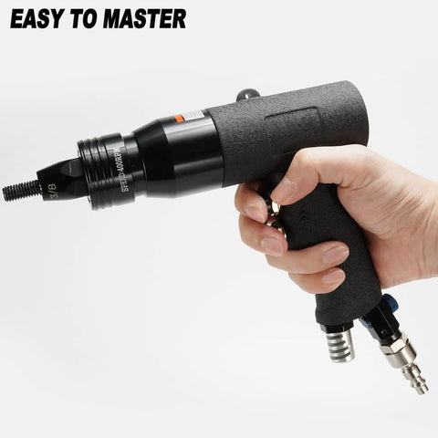 Adjustable Speed Pneumatic Rivet Nut Gun Kit With Five Mandrels Heavy Duty Air Riveting Tool in hand, showcasing ergonomic grip.