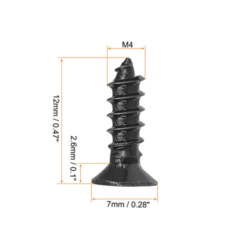 Heavy Duty M4 X 12mm Phillips Flat Head Self Tapping Wood Screws Black Carbon Steel With Rust Resistant Finish Slick Threading For Tough Weekend Builds 100 Pcs, detailed view with dimensions.