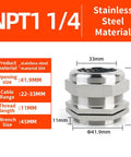 Diagram of Stainless Steel NPT 1 Quarter Inch Cable Gland IP68 Waterproof Cord Grip with measurements and features displayed.