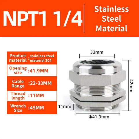 Diagram of Stainless Steel NPT 1 Quarter Inch Cable Gland IP68 Waterproof Cord Grip with measurements and features displayed.