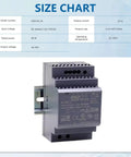 DIN Rail Power Supply 60W 24V 2.5A Ultra Slim 3SU Step Shape Industrial Grade UL Class II LPS Certified 4KV Isolation for Industrial Automation and Home Automation Projects size chart and mounted unit