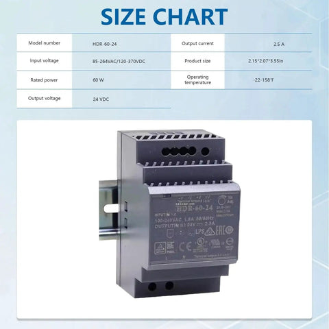 DIN Rail Power Supply 60W 24V 2.5A Ultra Slim 3SU Step Shape Industrial Grade UL Class II LPS Certified 4KV Isolation for Industrial Automation and Home Automation Projects size chart and mounted unit