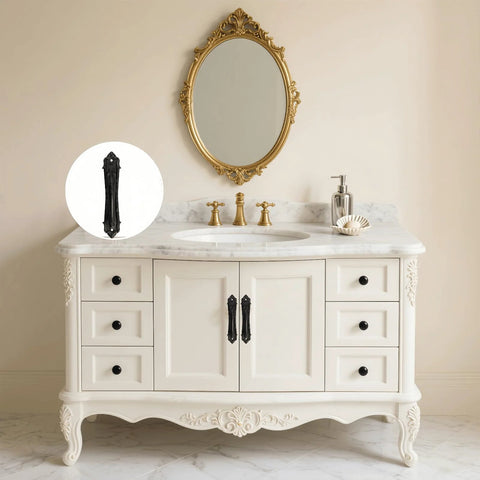 Vintage Black Sliding Barn Door Handle With Screws on white cabinet in bathroom, shown in zoomed close-up and cabinet installation.