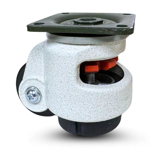 Heavy Duty Retractable Leveling Plate Caster With Hella Smooth Rollout And No Drama Setup Hardware For Furniture And Shop Equipment Gonna Carry Up To Six Hundred Pounds Safely, close-up view showing white durable material and orange leveling mechanism.