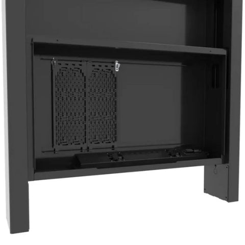 Interior view of Heavy Duty 55 Inch Outdoor Portrait Kiosk Weatherproof Digital Signage Enclosure with cooling fan section.
