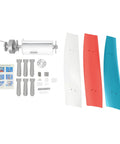 12V wind turbine kit components: three fiberglass blades (white, red, blue) with mounting hardware.